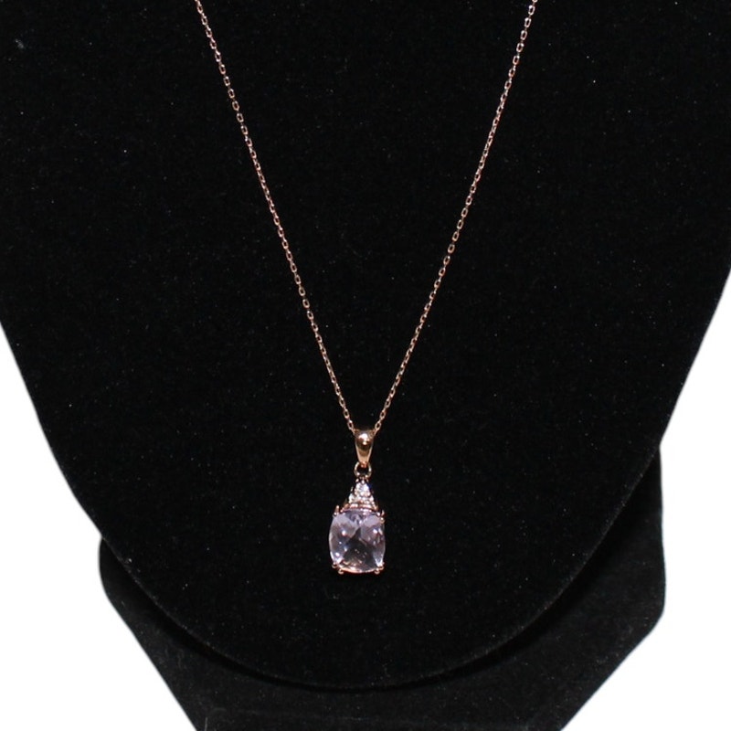 Dainty 14k Solid Rose Gold Necklace With Pink Stone And 3 Diamonds